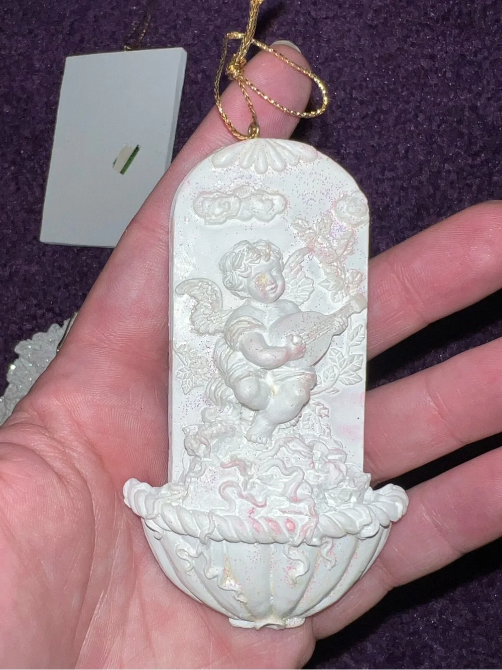Vintage Baroque Ceramic Cherub Angel Holiday Christmas Ornaments White Glitter
